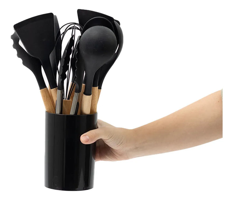 Kit 11 Utensílios De Cozinha Silicone Cabo De Madeira -