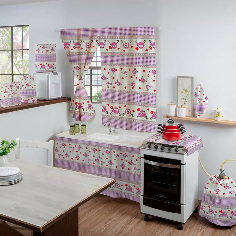 Kit 8 Peças Jogo De Cozinha Completo Estampado Com Cortinas