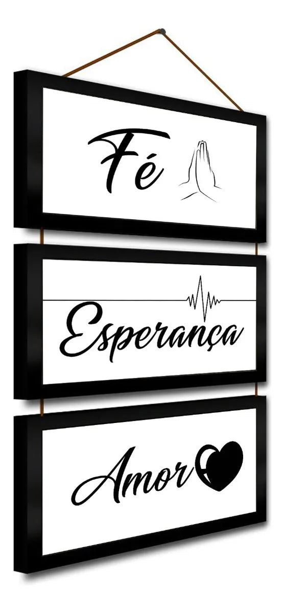 Kit Quadro Cordinha Fe Esperança Amor Porta Decoração Armação Preto