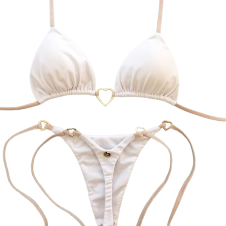 Biquíni Branco Cortininha Luxo com Pingente de Coração Dourado Regulável