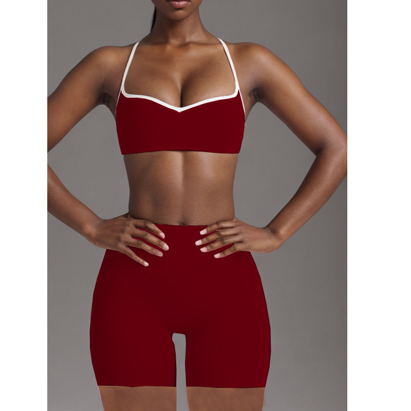 Women's Simple Nude Feel Beauty Back Exercise Contrast Color Bra Yoga Pants