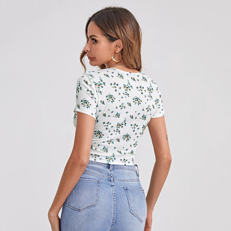 Women's Square Neck Casual Short Sleeve Floral Top