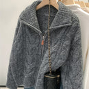 Korean-style Double Zipper Cable Knit Sweater Coat For Women