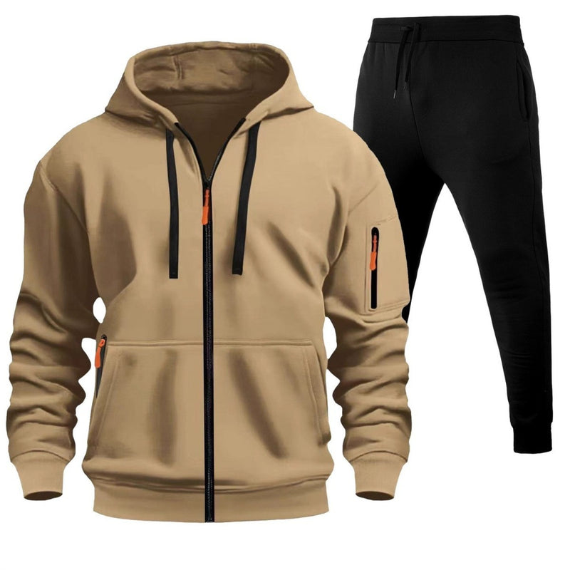 Men's Sports Hoodie Zip-up Multi-pocket Casual Hoodie Set