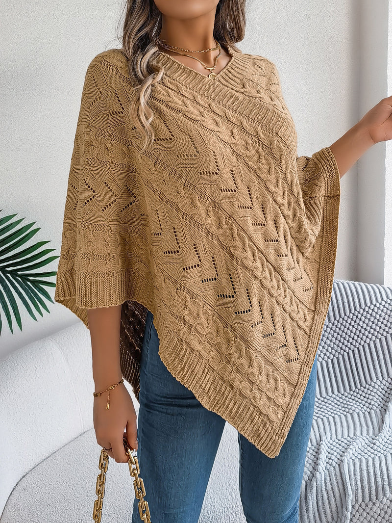 Casual Solid Color Cable Knit Loose Poncho Sweater Coat