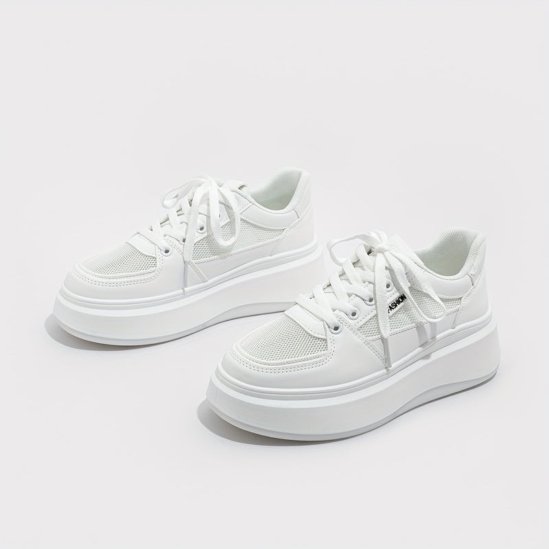 Women's Breathable Mesh Sneakers, Solid Lace Up Platform Skate Shoes, Thick Soled Platform Casual Sneakers