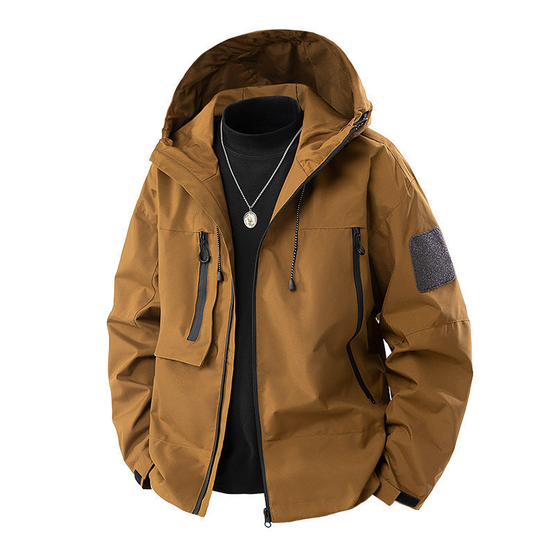 Spring New Men's Windbreaker Jacket Korean Slim Hooded Shoulder Patch Outdoor Jacket Trendy