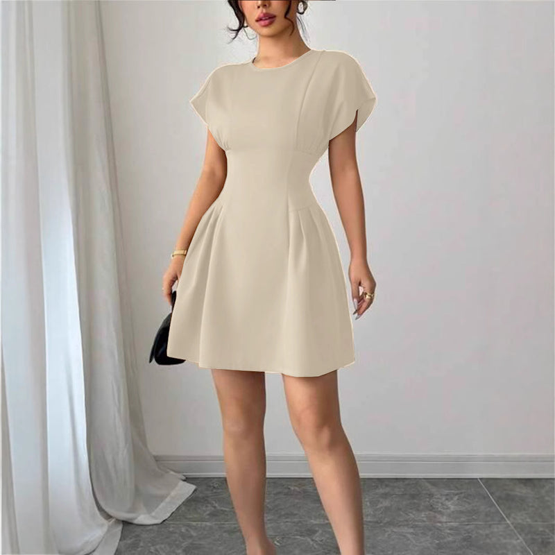 New Elegant Slim-fit Simple Waist-tie Solid Color High-waist Dress