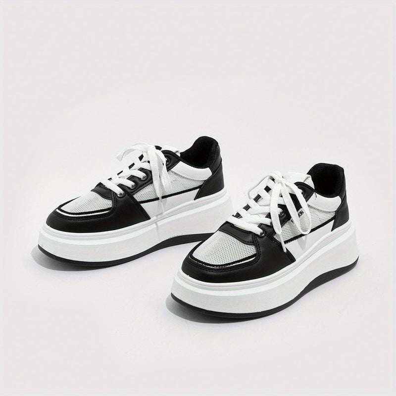 Women's Breathable Mesh Sneakers, Solid Lace Up Platform Skate Shoes, Thick Soled Platform Casual Sneakers