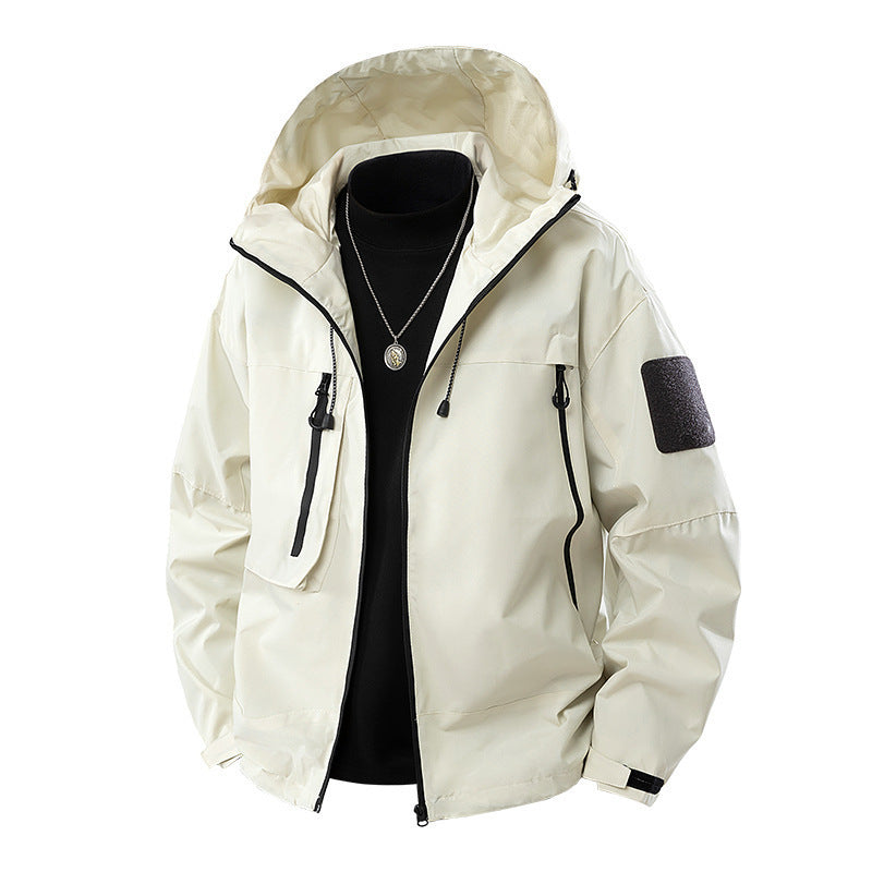 Spring New Men's Windbreaker Jacket Korean Slim Hooded Shoulder Patch Outdoor Jacket Trendy
