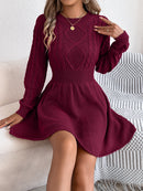 Solid Color Cable Knit Waist Cinched Lantern Sleeve Sweater Dress