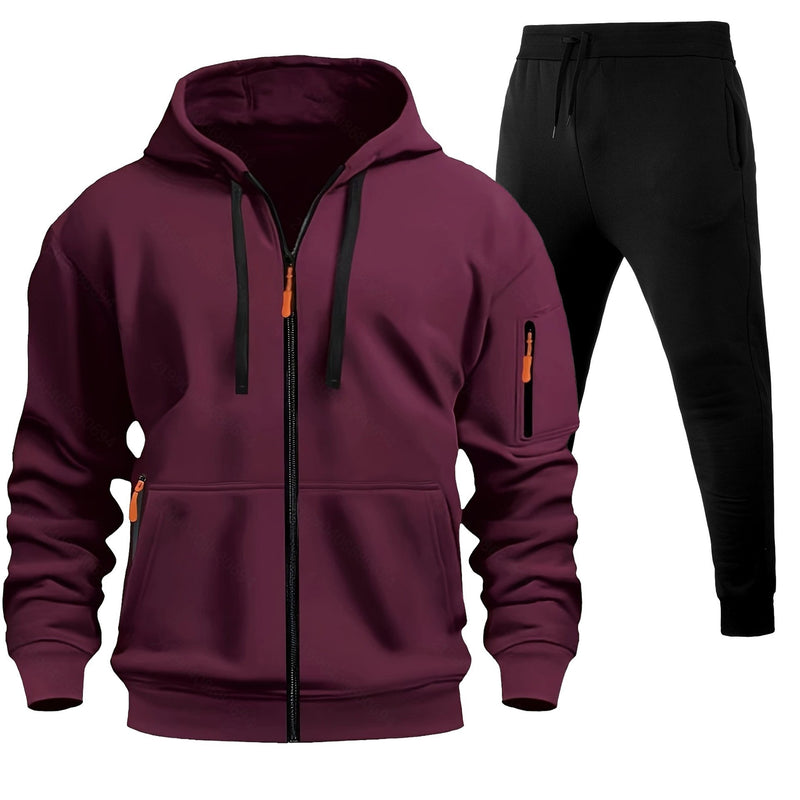 Men's Sports Hoodie Zip-up Multi-pocket Casual Hoodie Set