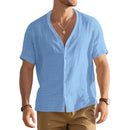 Men's Imitation Linen Bamboo Short-sleeved Henley Shirt Loose Casual Trend