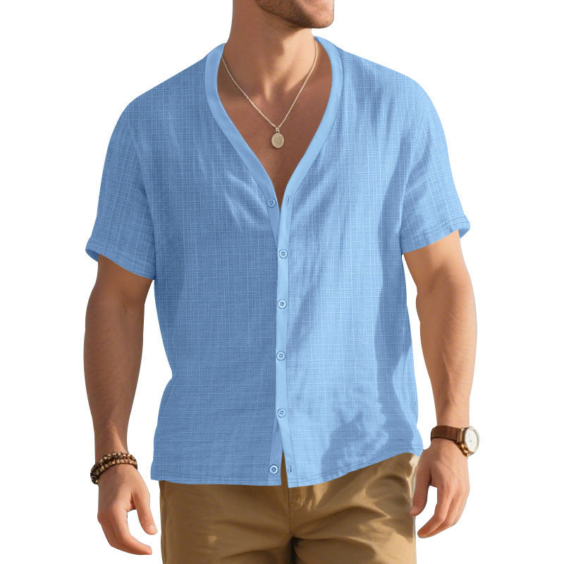 Men's Imitation Linen Bamboo Short-sleeved Henley Shirt Loose Casual Trend