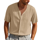 Men's Imitation Linen Bamboo Short-sleeved Henley Shirt Loose Casual Trend