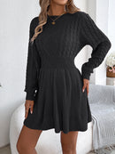 Solid Color Cable Knit Waist Cinched Lantern Sleeve Sweater Dress