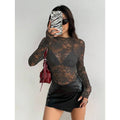Women's Lace Elastic Peony Print Sheer Sexy Top