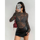 Women's Lace Elastic Peony Print Sheer Sexy Top