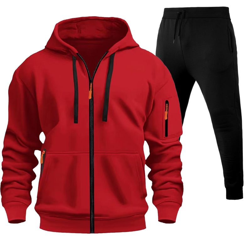 Men's Sports Hoodie Zip-up Multi-pocket Casual Hoodie Set