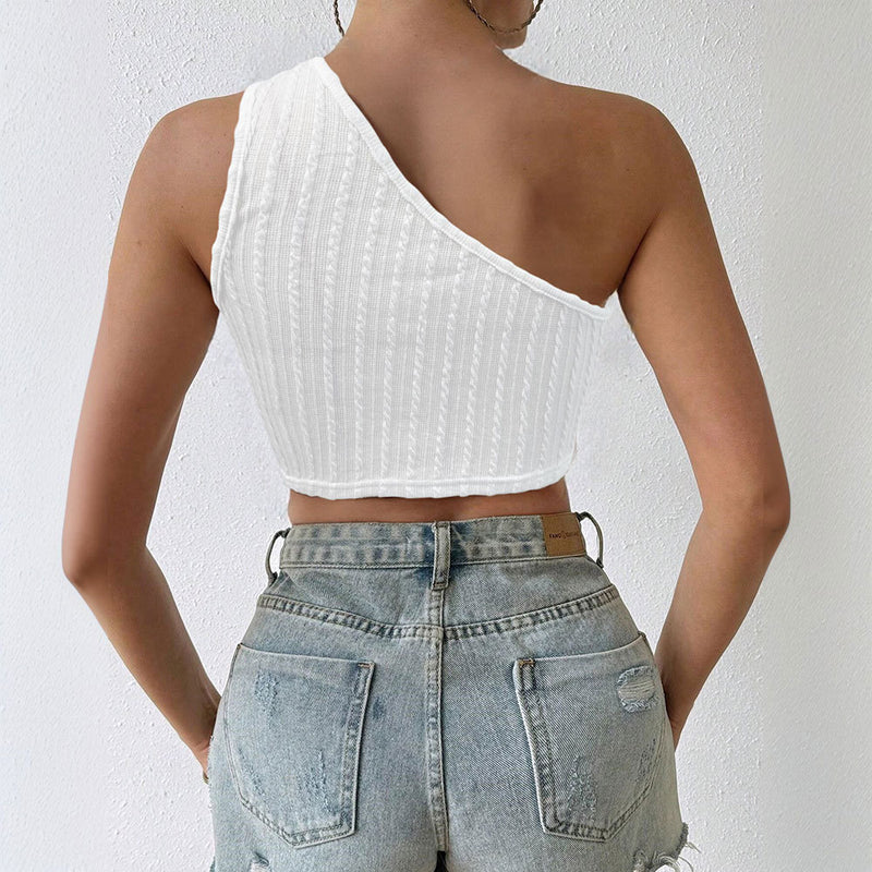 Women's Solid Color Single-shoulder Fringe Design Short Top