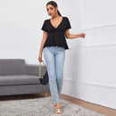 Women's V-neck Waist-cinching Fitted Short-sleeve Knit Top