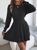 Solid Color Cable Knit Waist Cinched Lantern Sleeve Sweater Dress