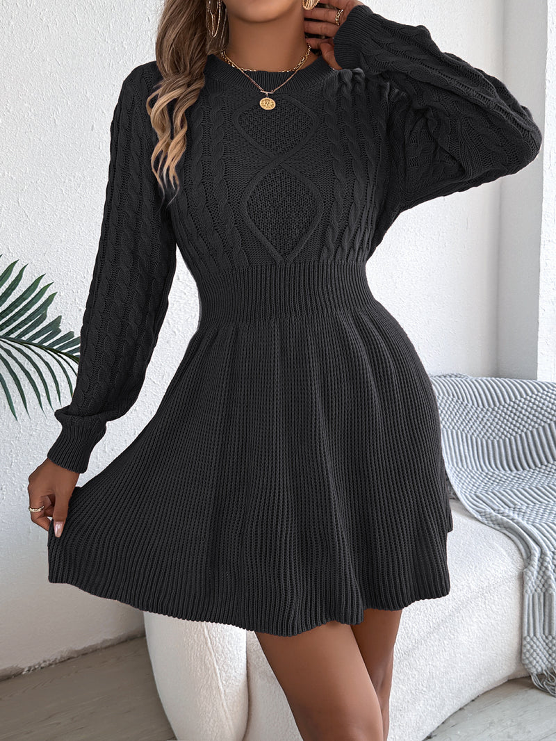 Solid Color Cable Knit Waist Cinched Lantern Sleeve Sweater Dress