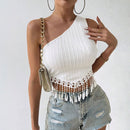 Women's Solid Color Single-shoulder Fringe Design Short Top