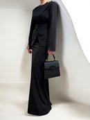 Black Pinstripe Maxi Dress With Structured Waist And Gold Button Accent