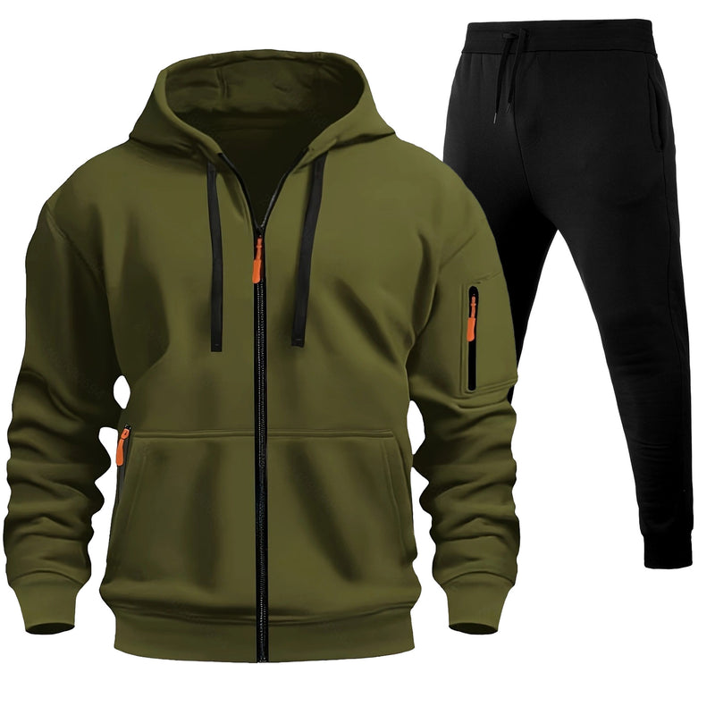 Men's Sports Hoodie Zip-up Multi-pocket Casual Hoodie Set