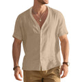 Men's Imitation Linen Bamboo Short-sleeved Henley Shirt Loose Casual Trend