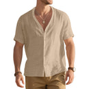 Men's Imitation Linen Bamboo Short-sleeved Henley Shirt Loose Casual Trend