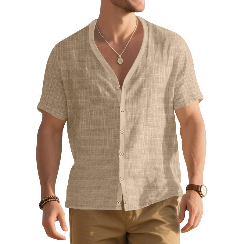 Men's Imitation Linen Bamboo Short-sleeved Henley Shirt Loose Casual Trend